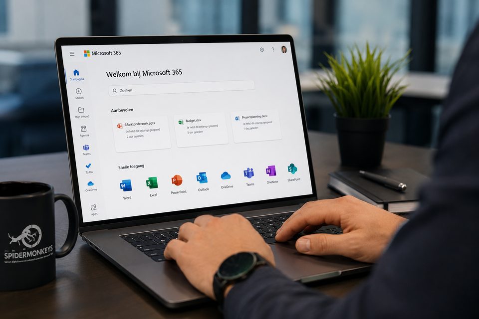 Microsoft 365 startpagina op een laptop op een The Spidermonkeys werkplek, met snelkoppelingen naar Word, Excel, Outlook en Teams
